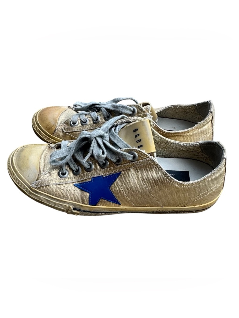 VStar2 Golden Goose Metallic Gold Low-Top Sneakers with Blue Star, Size 8